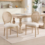 French Country Dining Chairs Set of 2, Upholstered Chairs with Nature Rattan Round Back, Wire drawing and carving techniques ,Disassemblable , for Living Room, Kitchen , Restaurant Use,Beige