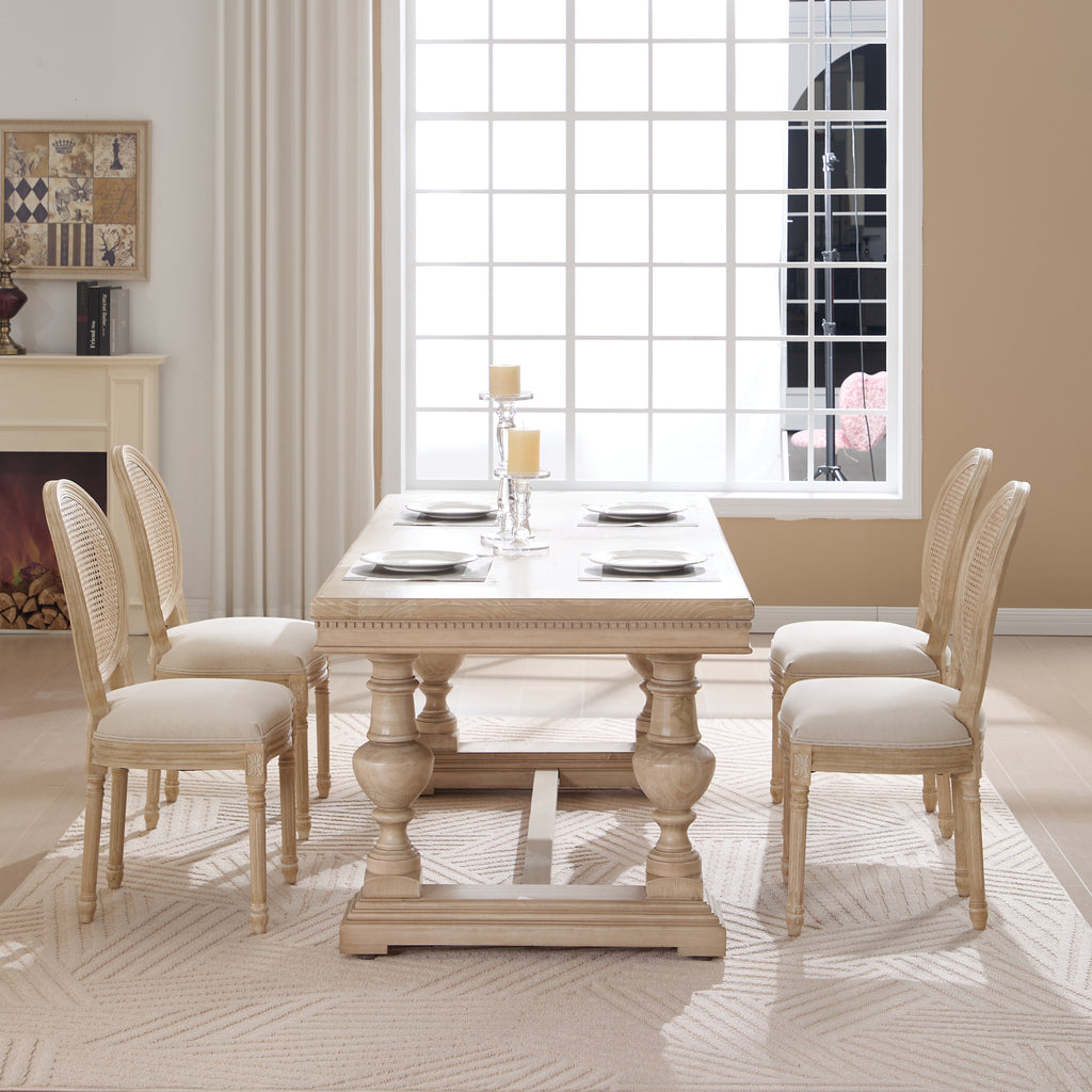 French Country Dining Chairs Set of 2, Upholstered Chairs with Nature Rattan Round Back, Wire drawing and carving techniques ,Disassemblable , for Living Room, Kitchen , Restaurant Use,Beige