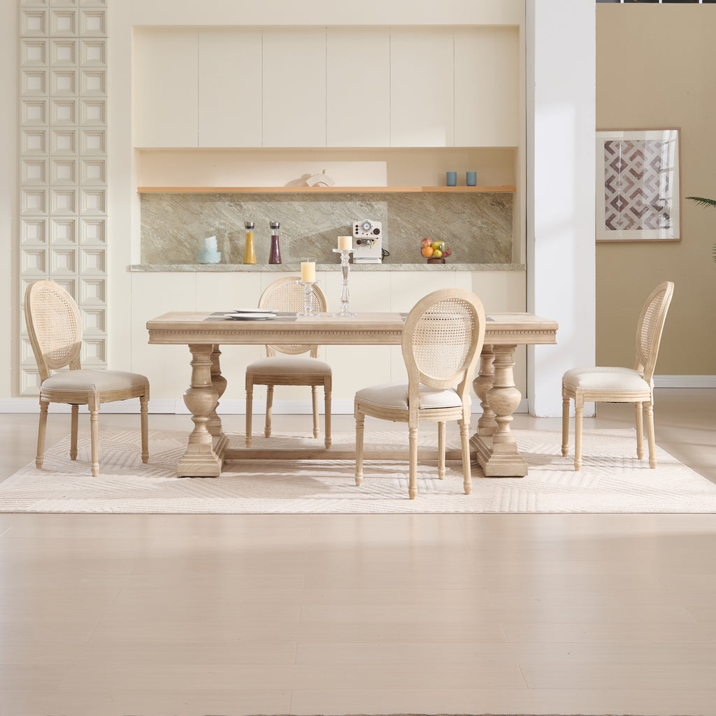 French Country Dining Chairs Set of 2, Upholstered Chairs with Nature Rattan Round Back, Wire drawing and carving techniques ,Disassemblable , for Living Room, Kitchen , Restaurant Use,Beige