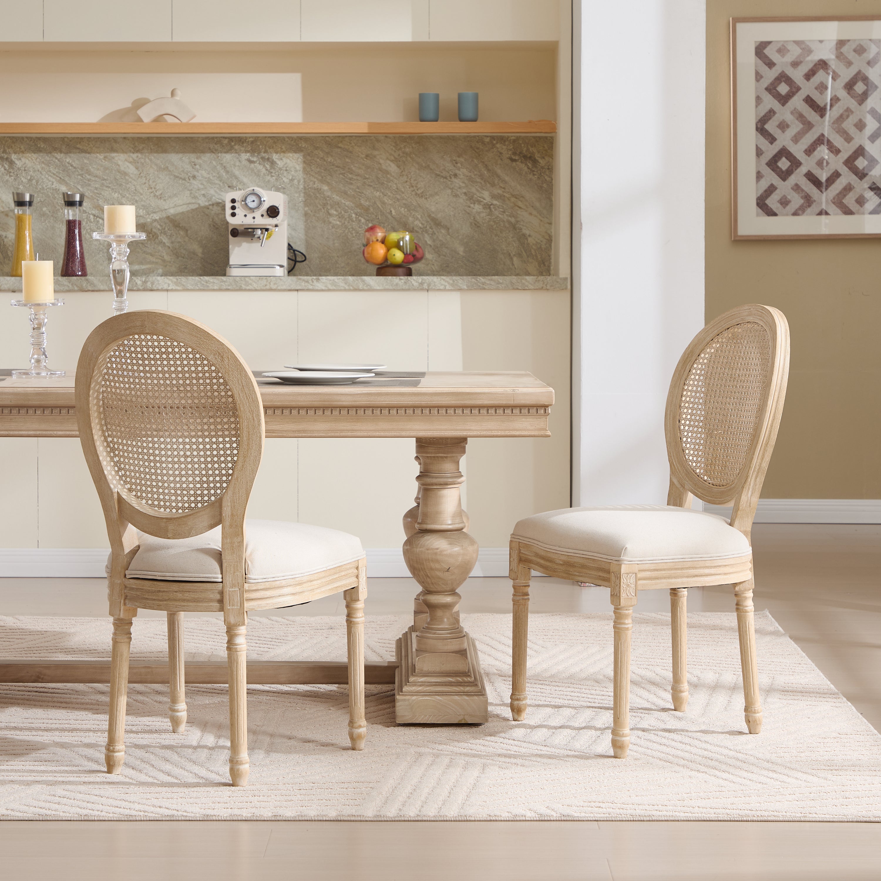 French Country Dining Chairs Set of 2, Upholstered Chairs with Nature Rattan Round Back, Wire drawing and carving techniques ,Disassemblable , for Living Room, Kitchen , Restaurant Use,Beige