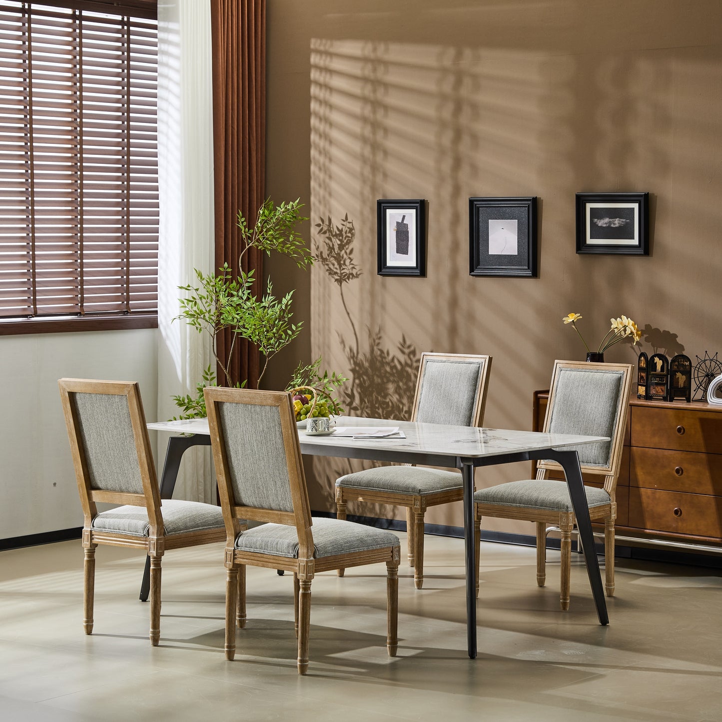 French Country Dining Chairs Set of 4 - Elegant Cane Backrest & Upholstered Seats - Rustic Grayish Green Finish - Solid Rubberwood Frame