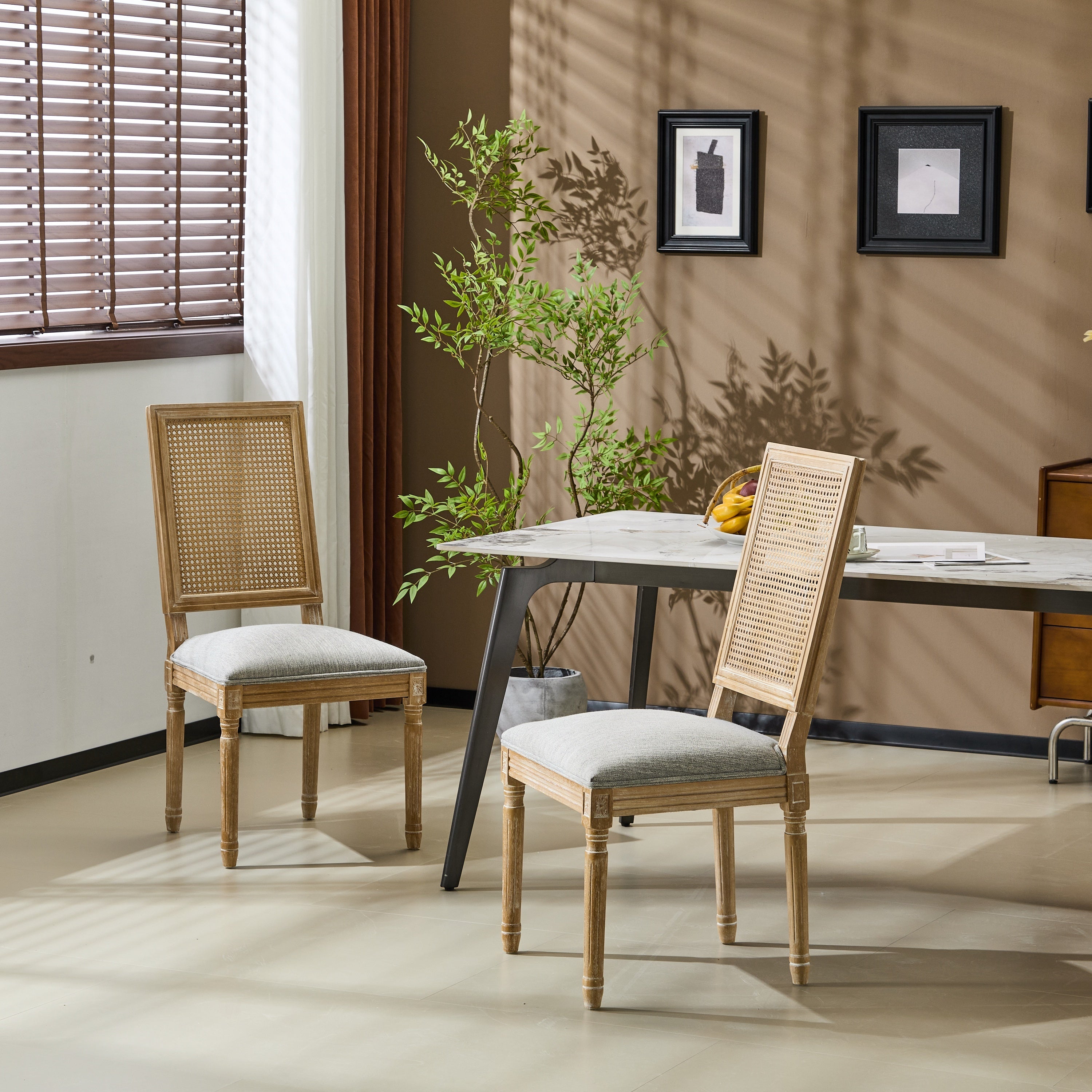 Vintage Inspired French Country Dining Chairs Set - Elegant Cane Backrest & Upholstered Seats - Rustic Weathered Finish - Solid Rubberwood Frame