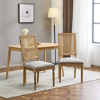 Vintage Inspired French Country Dining Chairs Set - Elegant Cane Backrest & Upholstered Seats - Rustic Weathered Finish - Solid Rubberwood Frame