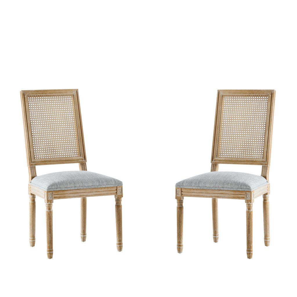 Vintage Inspired French Country Dining Chairs Set - Elegant Cane Backrest & Upholstered Seats - Rustic Weathered Finish - Solid Rubberwood Frame