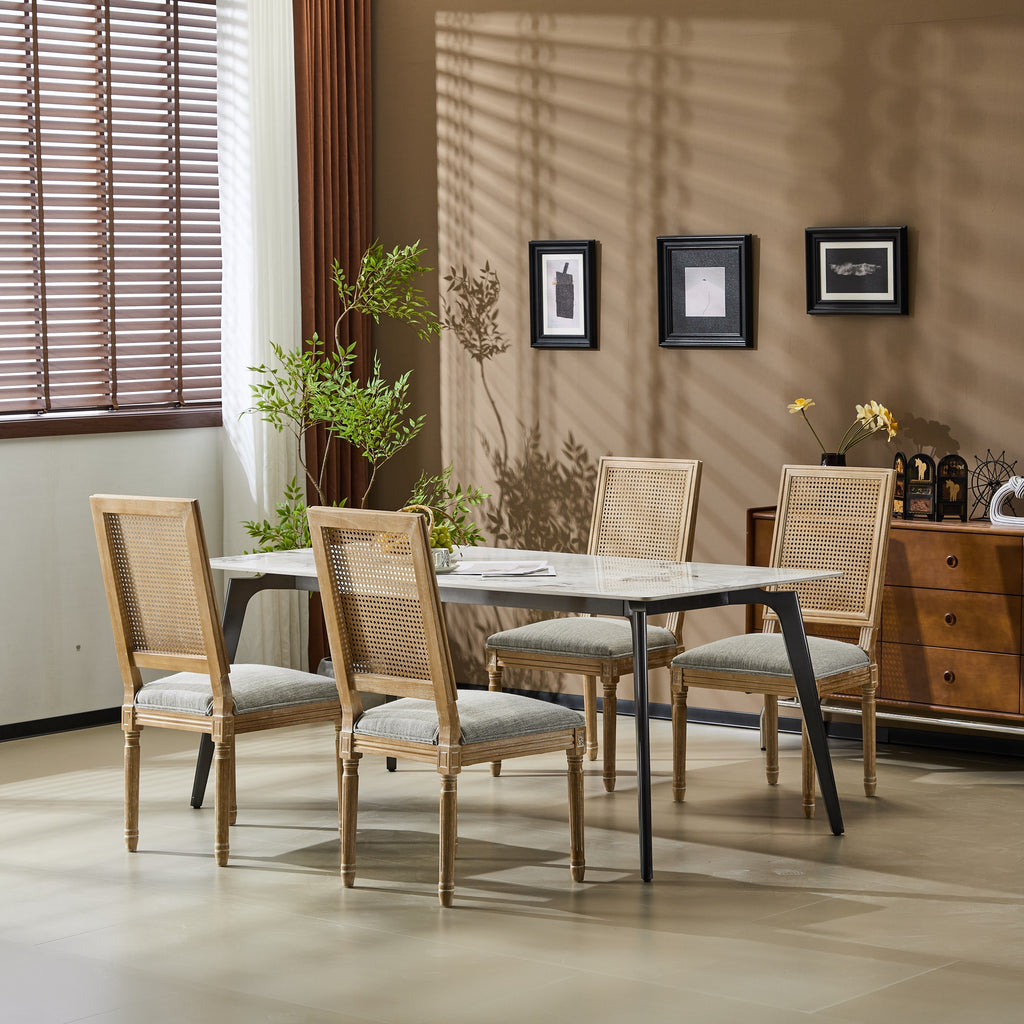 French Country Dining Chairs Set of 4 - Cane Backrest & Upholstered Seats, Rustic Weathered Finish, Solid Rubberwood - Grayish Green