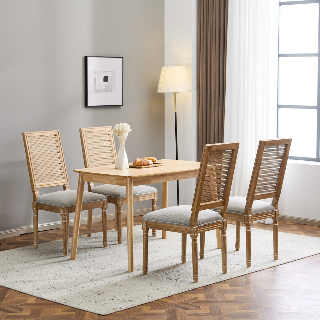 French Country Dining Chairs Set of 4 - Cane Backrest & Upholstered Seats, Rustic Weathered Finish, Solid Rubberwood - Grayish Green