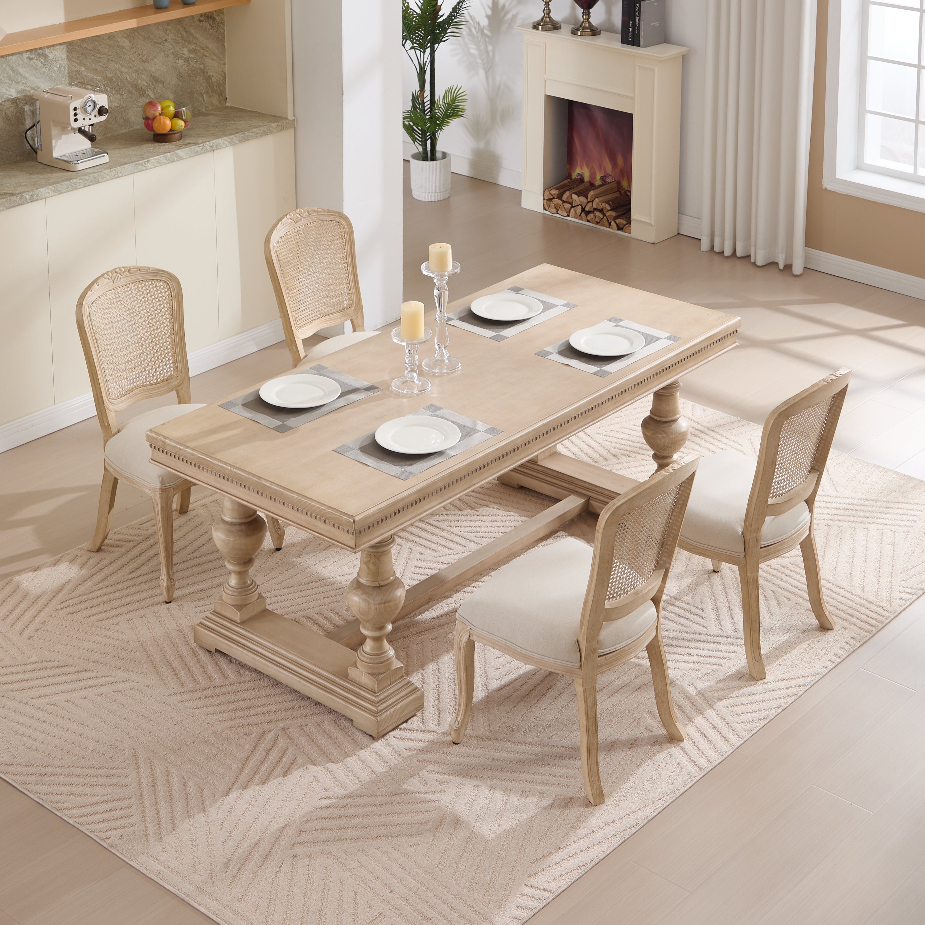 French Country Dining Chairs Set of 2, Upholstered Chairs with Nature Rattan Fan-shaped Back, Wire drawing and carving techniques ,Disassemblable , for Living Room, Kitchen , Restaurant Use, Beige