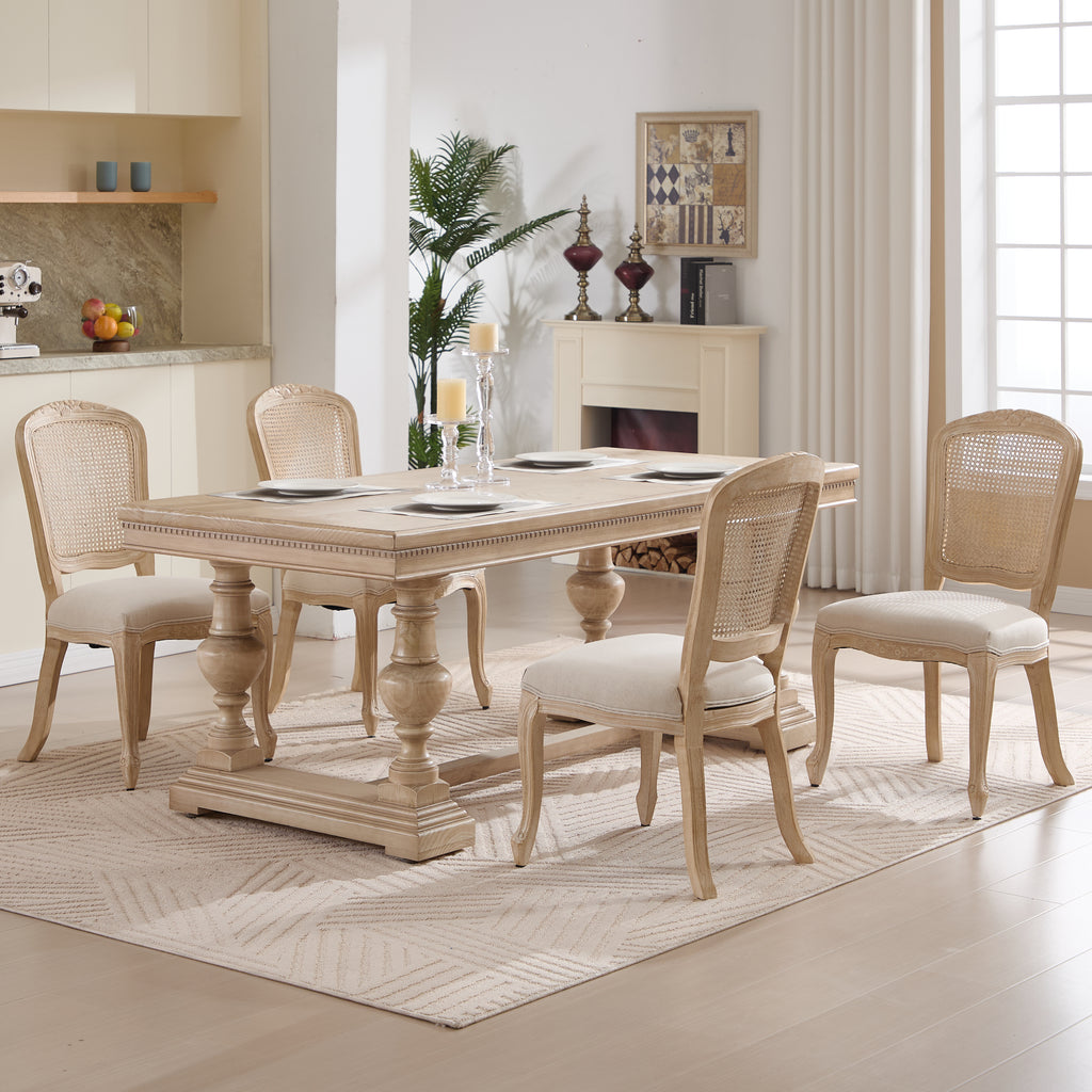 French Country Dining Chairs Set of 2, Upholstered Chairs with Nature Rattan Fan-shaped Back, Wire drawing and carving techniques ,Disassemblable , for Living Room, Kitchen , Restaurant Use, Beige