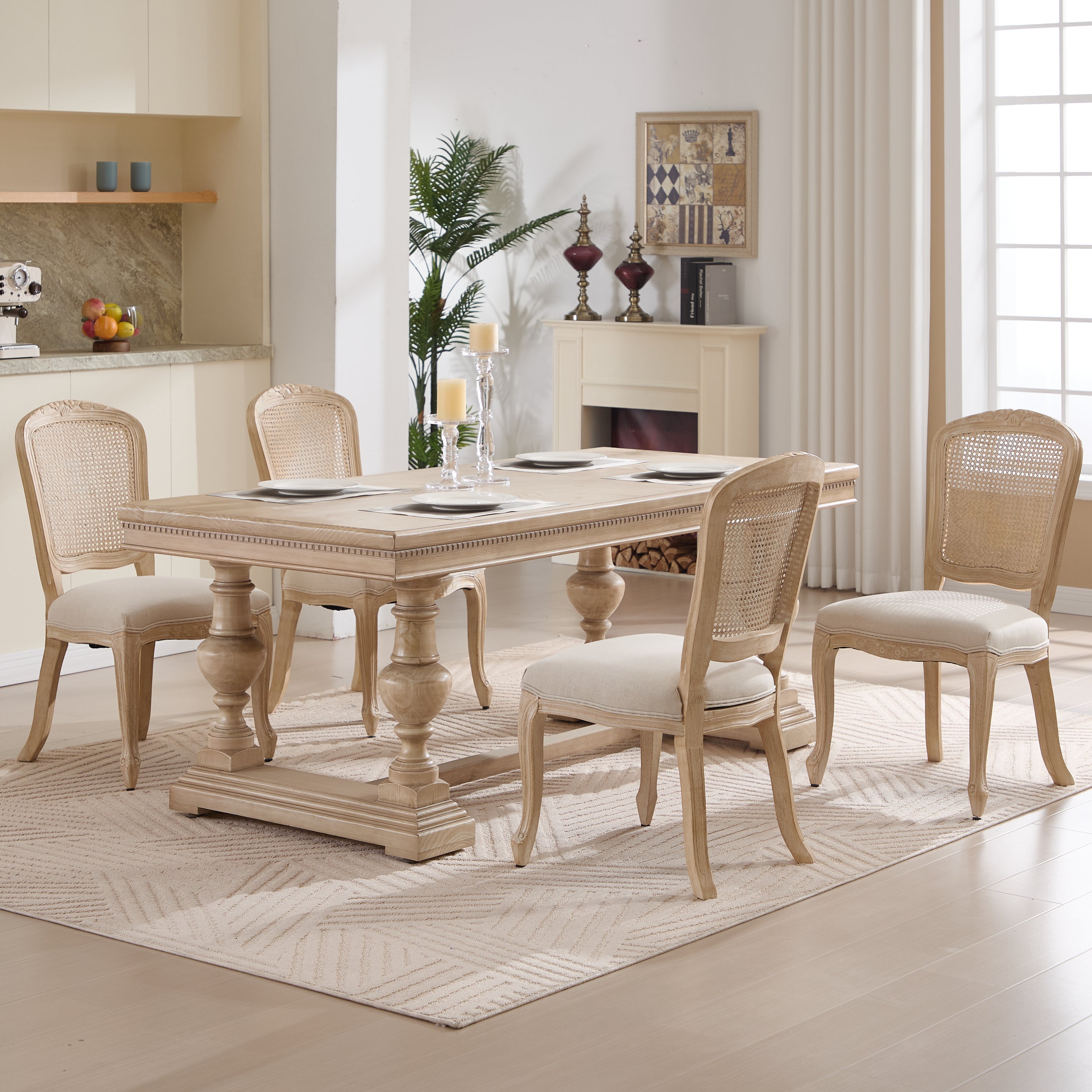 French Country Dining Chairs Set of 2, Upholstered Chairs with Nature Rattan Fan-shaped Back, Wire drawing and carving techniques ,Disassemblable , for Living Room, Kitchen , Restaurant Use, Beige