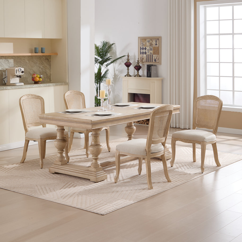 French Country Dining Chairs Set of 2, Upholstered Chairs with Nature Rattan Fan-shaped Back, Wire drawing and carving techniques ,Disassemblable , for Living Room, Kitchen , Restaurant Use, Beige