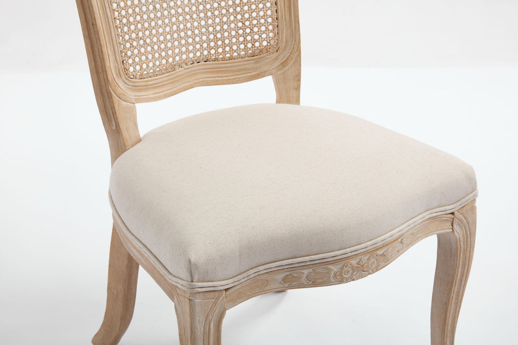 French Country Dining Chairs Set of 2, Upholstered Chairs with Nature Rattan Fan-shaped Back, Wire drawing and carving techniques ,Disassemblable , for Living Room, Kitchen , Restaurant Use, Beige