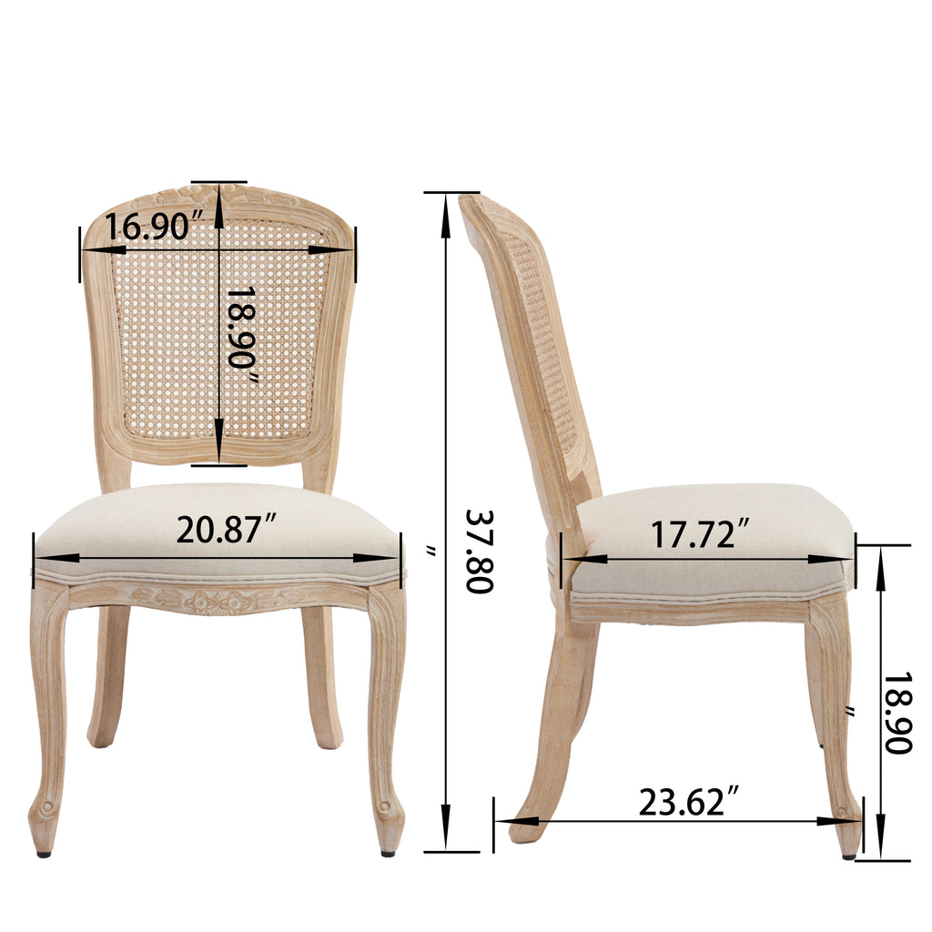 French Country Dining Chairs Set of 2, Upholstered Chairs with Nature Rattan Fan-shaped Back, Wire drawing and carving techniques ,Disassemblable , for Living Room, Kitchen , Restaurant Use, Beige