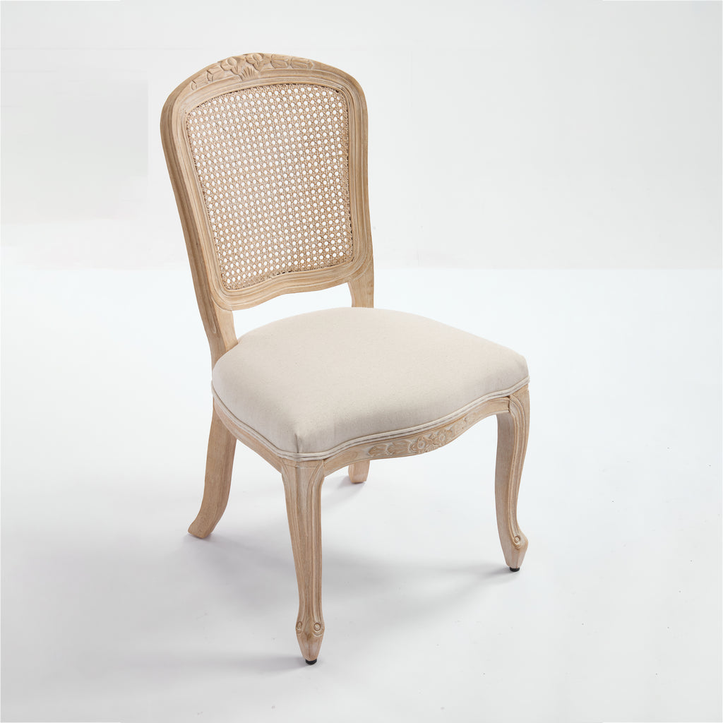 French Country Dining Chairs Set of 2, Upholstered Chairs with Nature Rattan Fan-shaped Back, Wire drawing and carving techniques ,Disassemblable , for Living Room, Kitchen , Restaurant Use, Beige