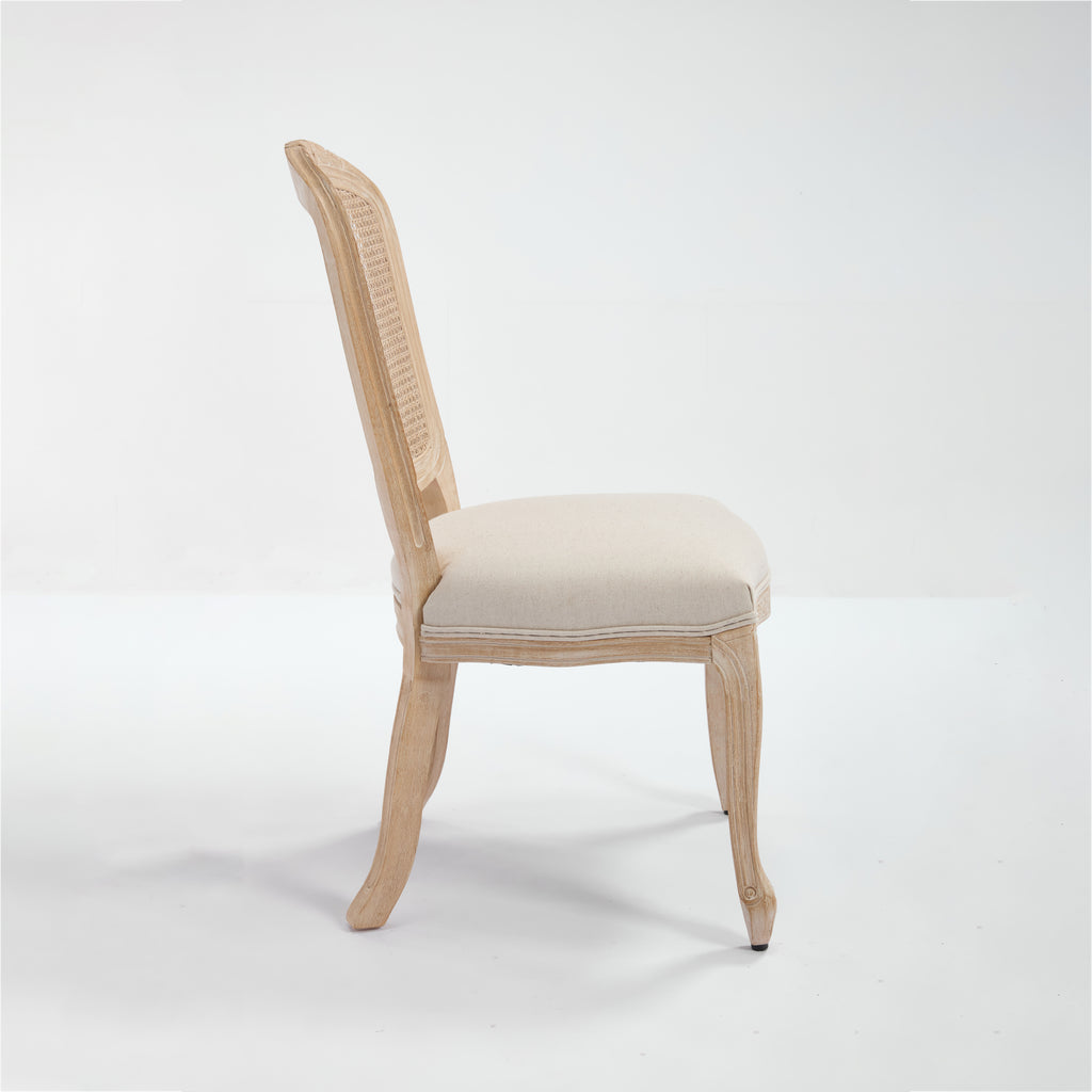 French Country Dining Chairs Set of 2, Upholstered Chairs with Nature Rattan Fan-shaped Back, Wire drawing and carving techniques ,Disassemblable , for Living Room, Kitchen , Restaurant Use, Beige