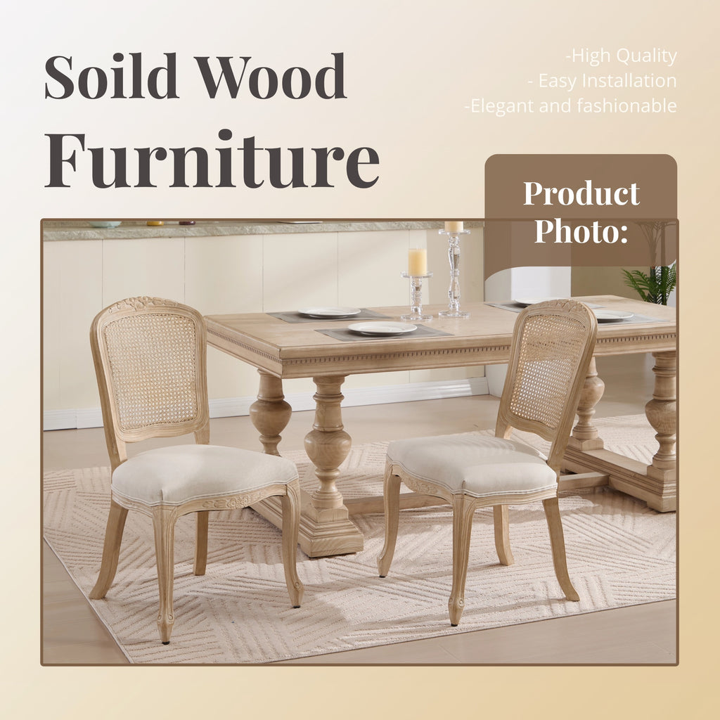 French Country Dining Chairs Set of 2, Upholstered Chairs with Nature Rattan Fan-shaped Back, Wire drawing and carving techniques ,Disassemblable , for Living Room, Kitchen , Restaurant Use, Beige