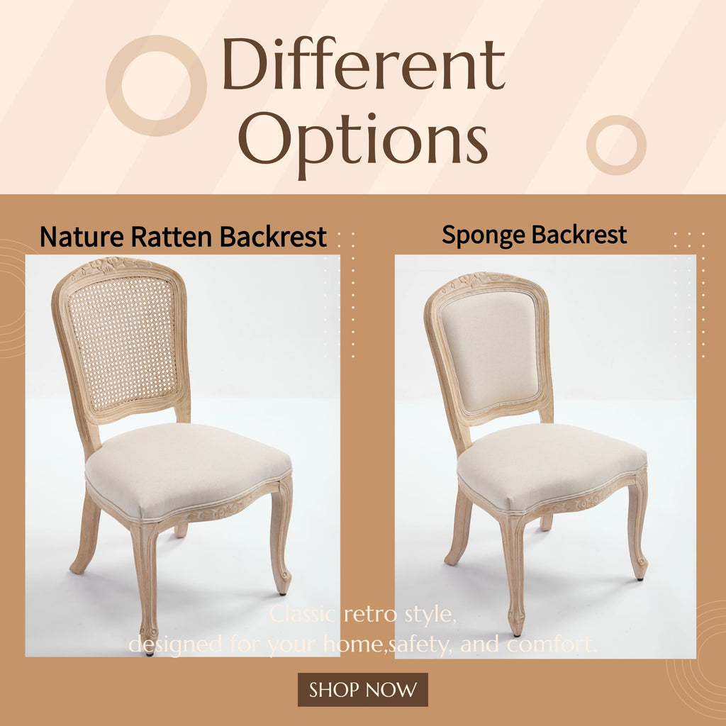 French Country Dining Chairs Set of 2, Upholstered Chairs with Nature Rattan Fan-shaped Back, Wire drawing and carving techniques ,Disassemblable , for Living Room, Kitchen , Restaurant Use, Beige