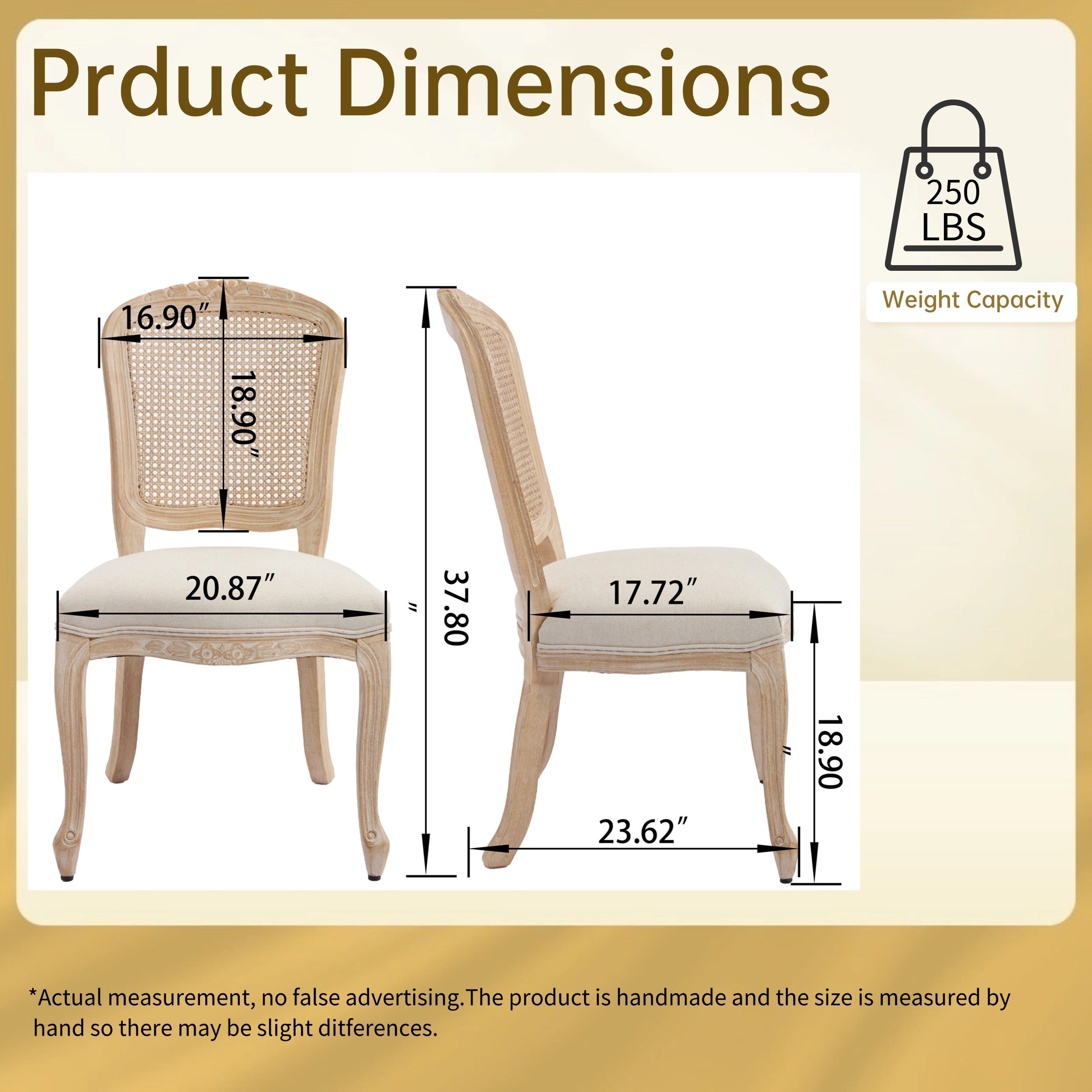 French Country Dining Chairs Set of 2, Upholstered Chairs with Nature Rattan Fan-shaped Back, Wire drawing and carving techniques ,Disassemblable , for Living Room, Kitchen , Restaurant Use, Beige