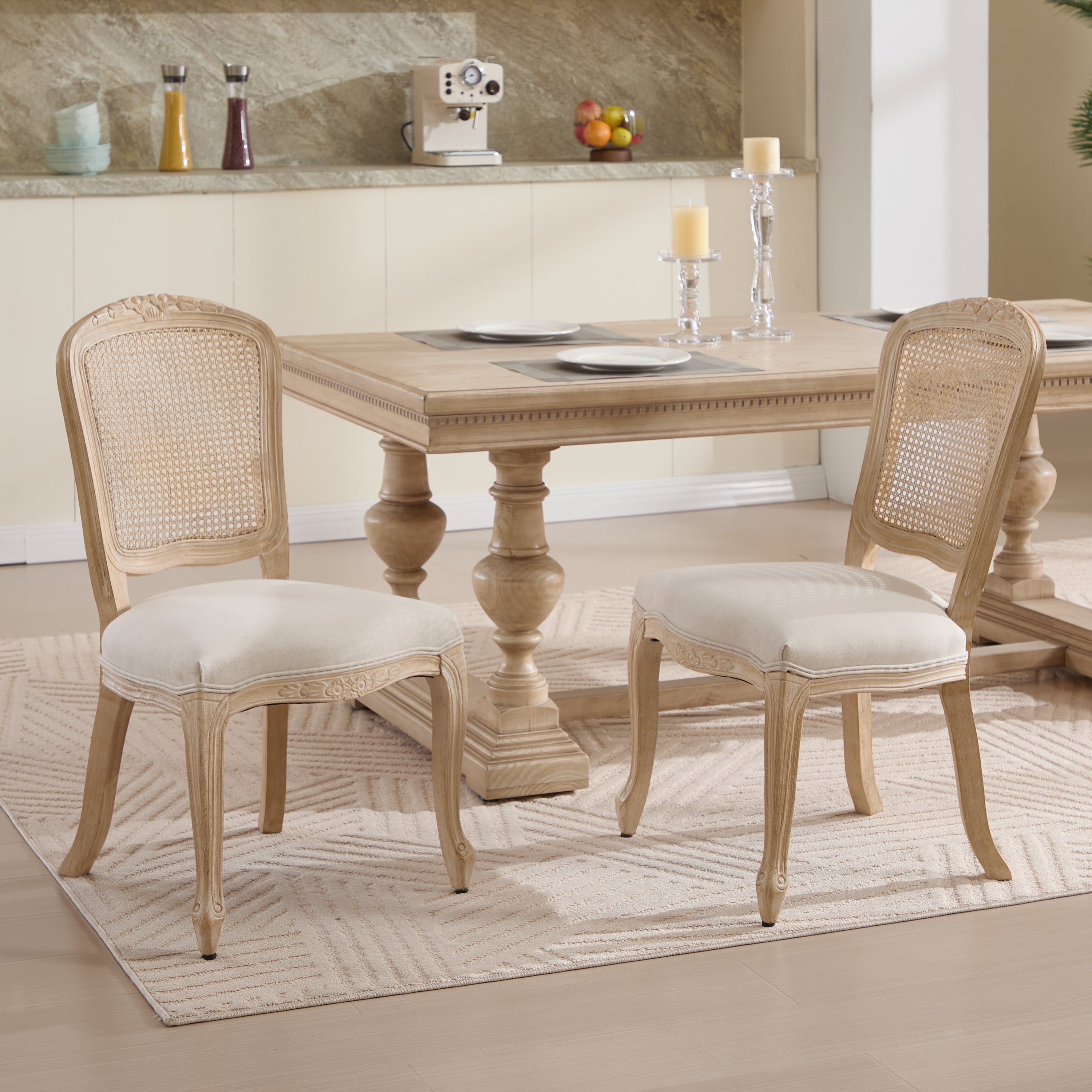 French Country Dining Chairs Set of 2, Upholstered Chairs with Nature Rattan Fan-shaped Back, Wire drawing and carving techniques ,Disassemblable , for Living Room, Kitchen , Restaurant Use, Beige