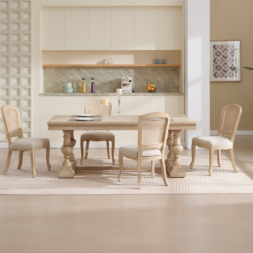 French Country Dining Chairs Set of 2, Upholstered Chairs with Nature Rattan Fan-shaped Back, Wire drawing and carving techniques ,Disassemblable , for Living Room, Kitchen , Restaurant Use, Beige