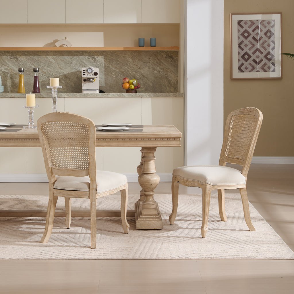 French Country Dining Chairs Set of 2, Upholstered Chairs with Nature Rattan Fan-shaped Back, Wire drawing and carving techniques ,Disassemblable , for Living Room, Kitchen , Restaurant Use, Beige