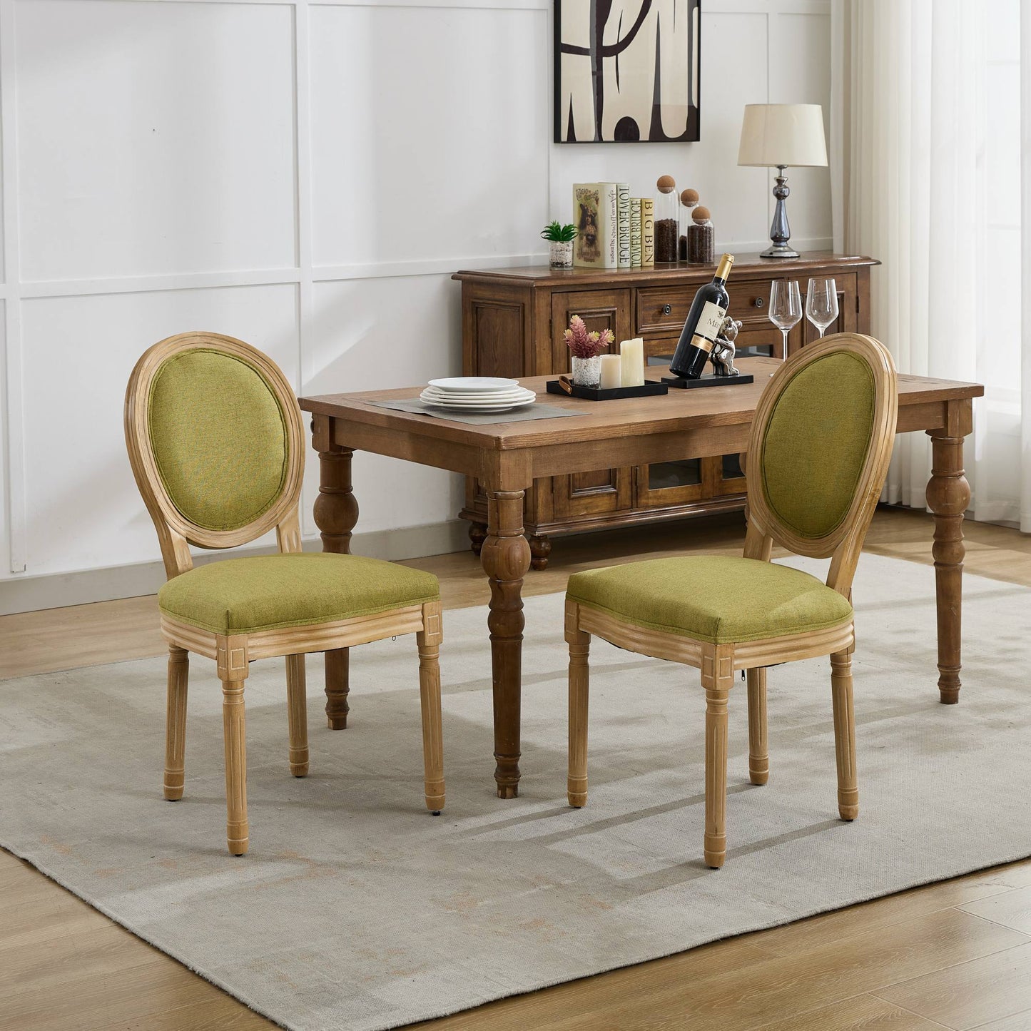 A&A Furniture,French Style Solid Wood Frame Antique Painting Linen Fabric Back Dining Chair,Set of 2,SW1845OL,Olive Green