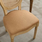 A&A Furniture,French Style Solid Wood Frame Antique Painting Linen Fabric Rattan Back Dining Chair,Set of 2,Tan