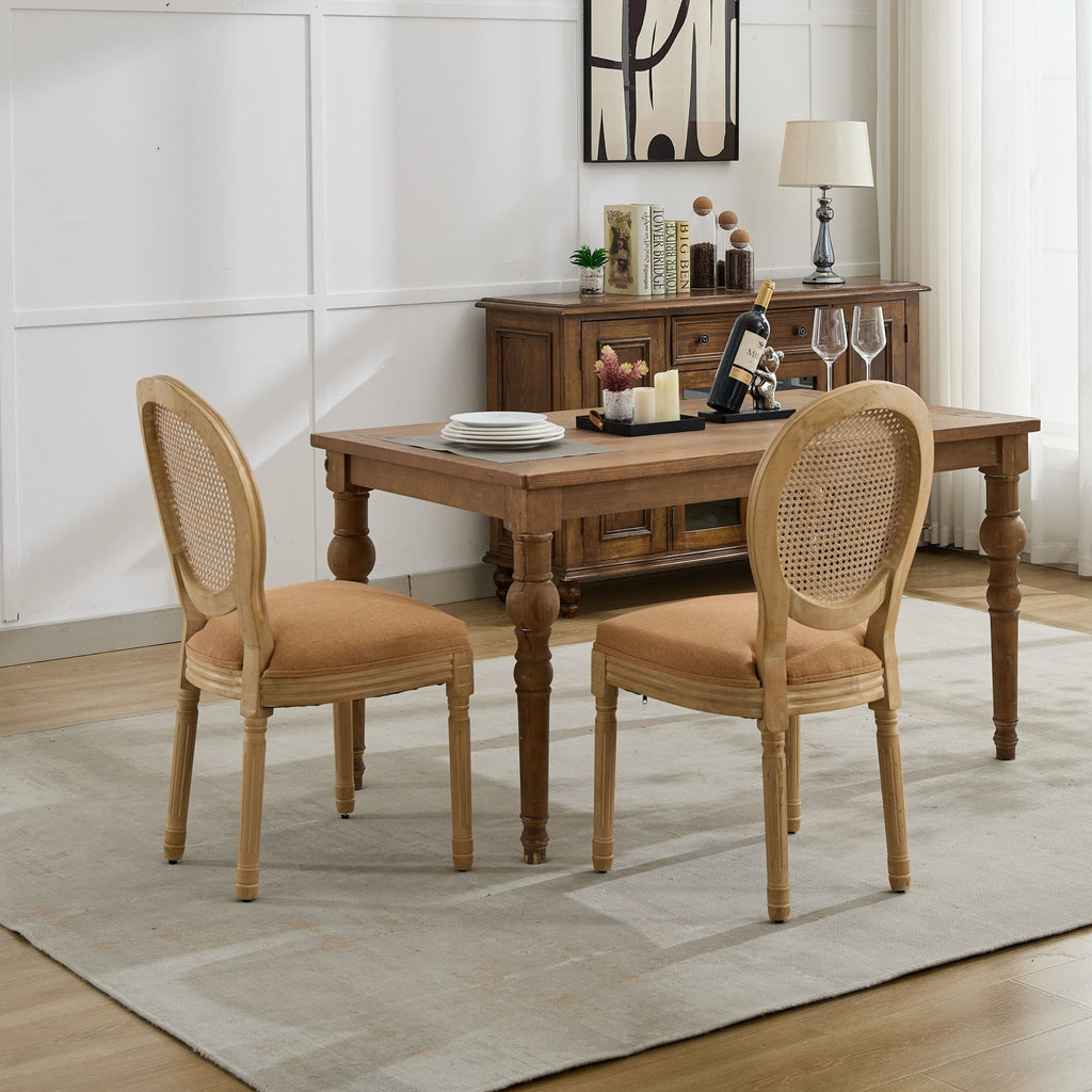 A&A Furniture,French Style Solid Wood Frame Antique Painting Linen Fabric Rattan Back Dining Chair,Set of 2,Tan