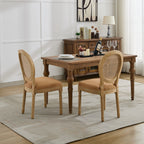 A&A Furniture,French Style Solid Wood Frame Antique Painting Linen Fabric Rattan Back Dining Chair,Set of 2,Tan