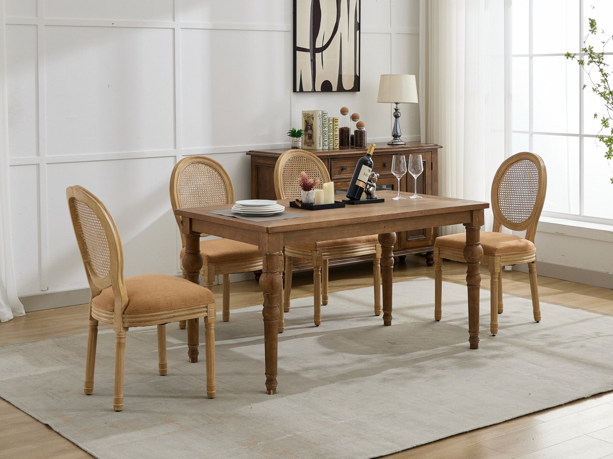 A&A Furniture,French Style Solid Wood Frame Antique Painting Linen Fabric Rattan Back Dining Chair,Set of 2,Tan