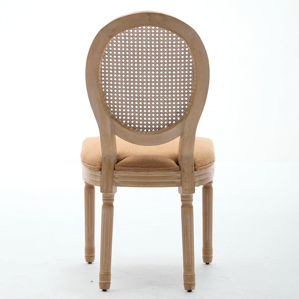 A&A Furniture,French Style Solid Wood Frame Antique Painting Linen Fabric Rattan Back Dining Chair,Set of 2,Tan