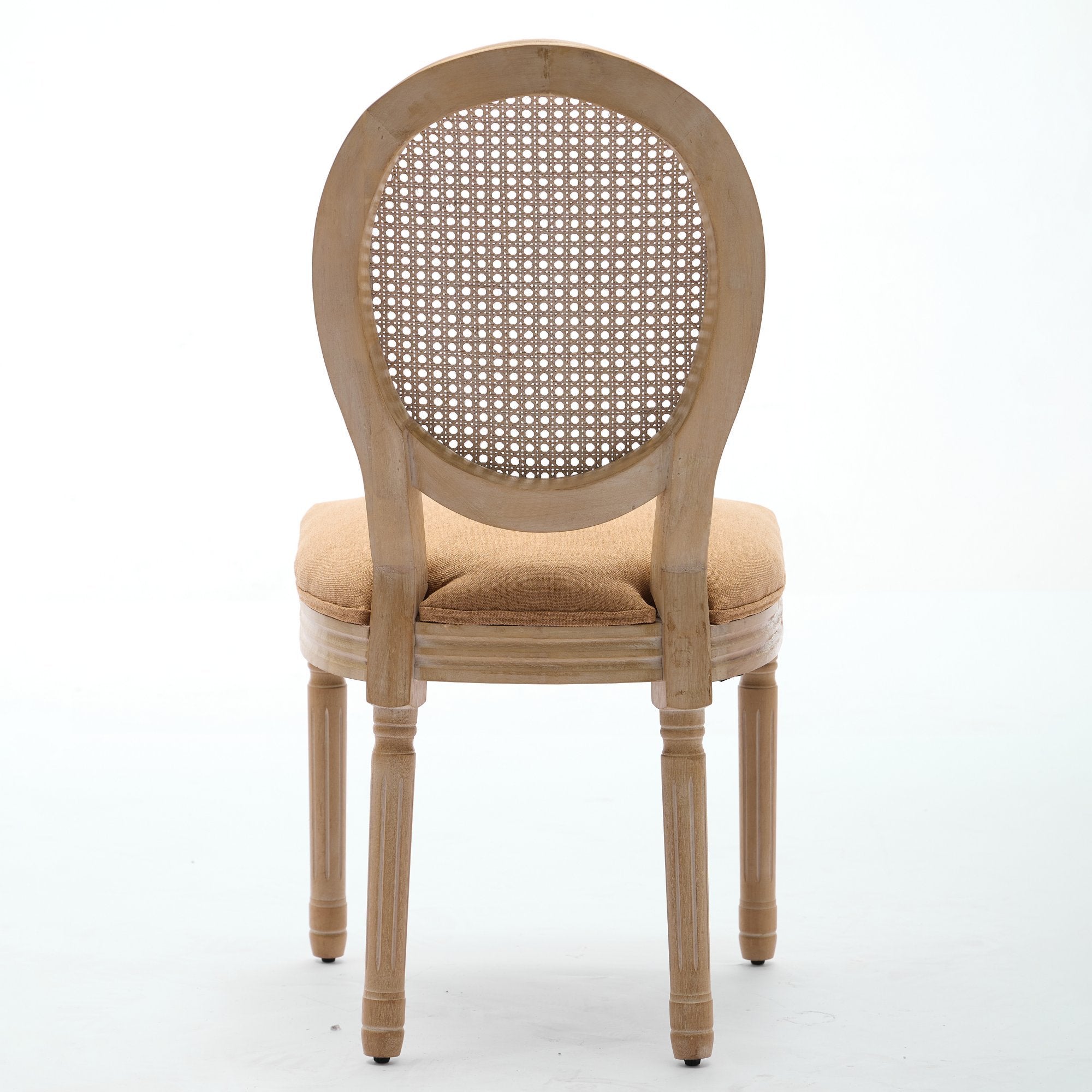 A&A Furniture,French Style Solid Wood Frame Antique Painting Linen Fabric Rattan Back Dining Chair,Set of 2,Tan