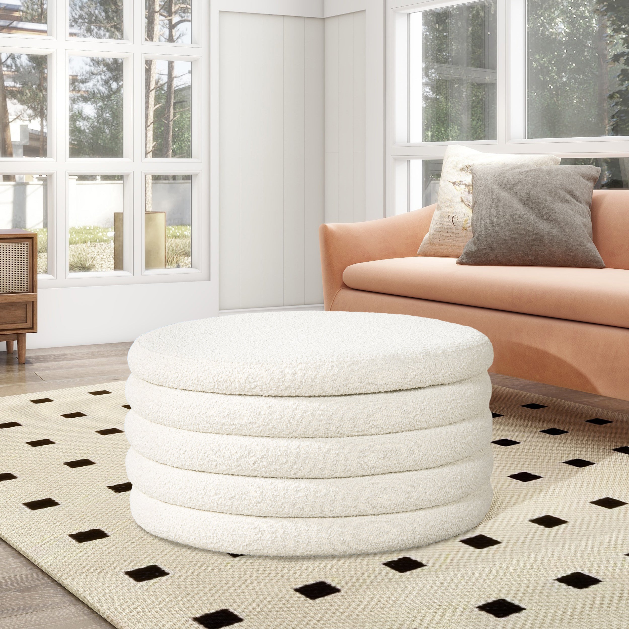 Fuji 36' Round Upholstered Storage Cocktail Ottoman, Ivory White Boucle