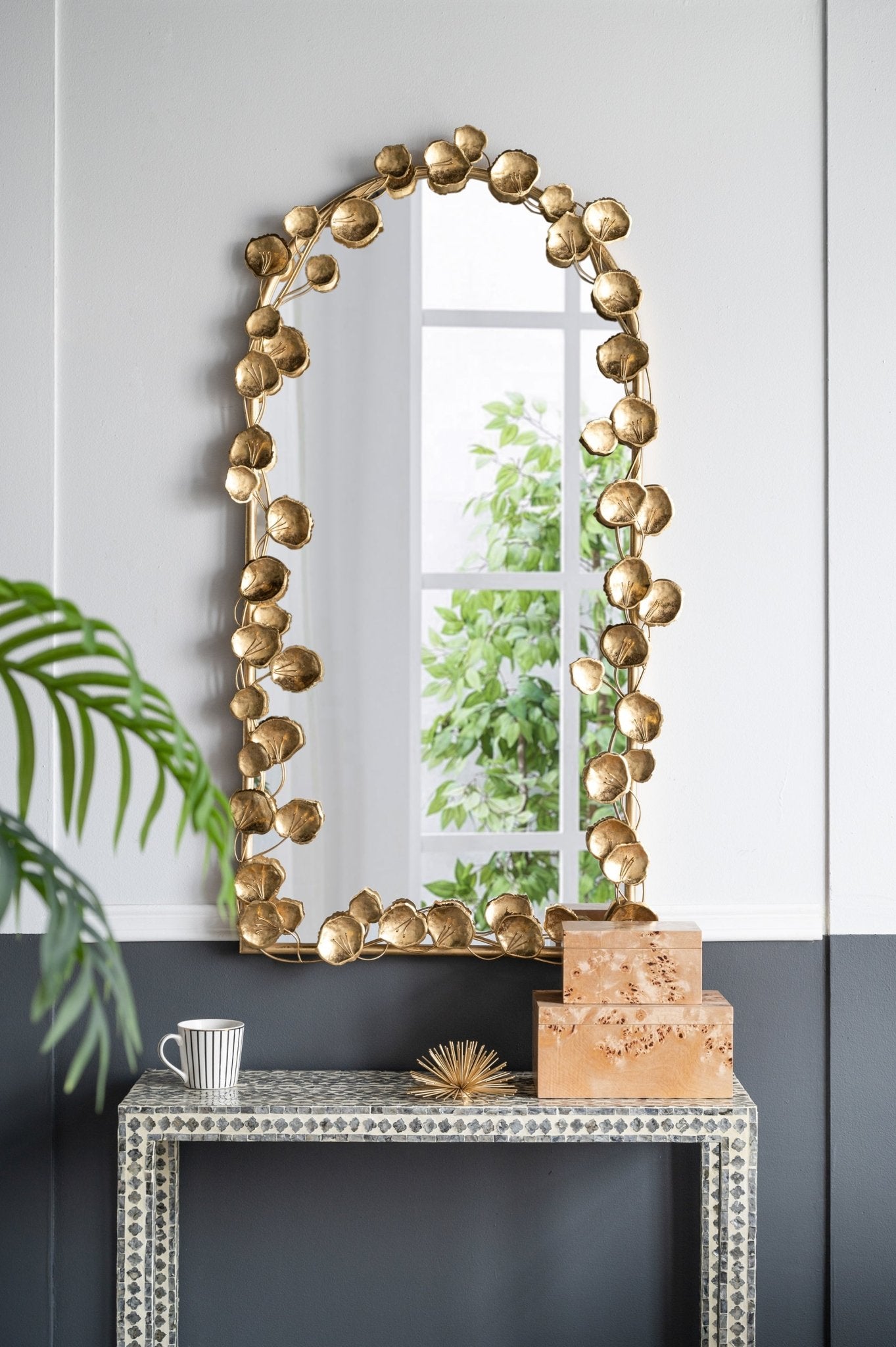51.5" x 29" Full Length Arched Wall Mirror with Golden Leaf Accents, Decorative Mirror for Living Room Bedroom - Groovy Boardz