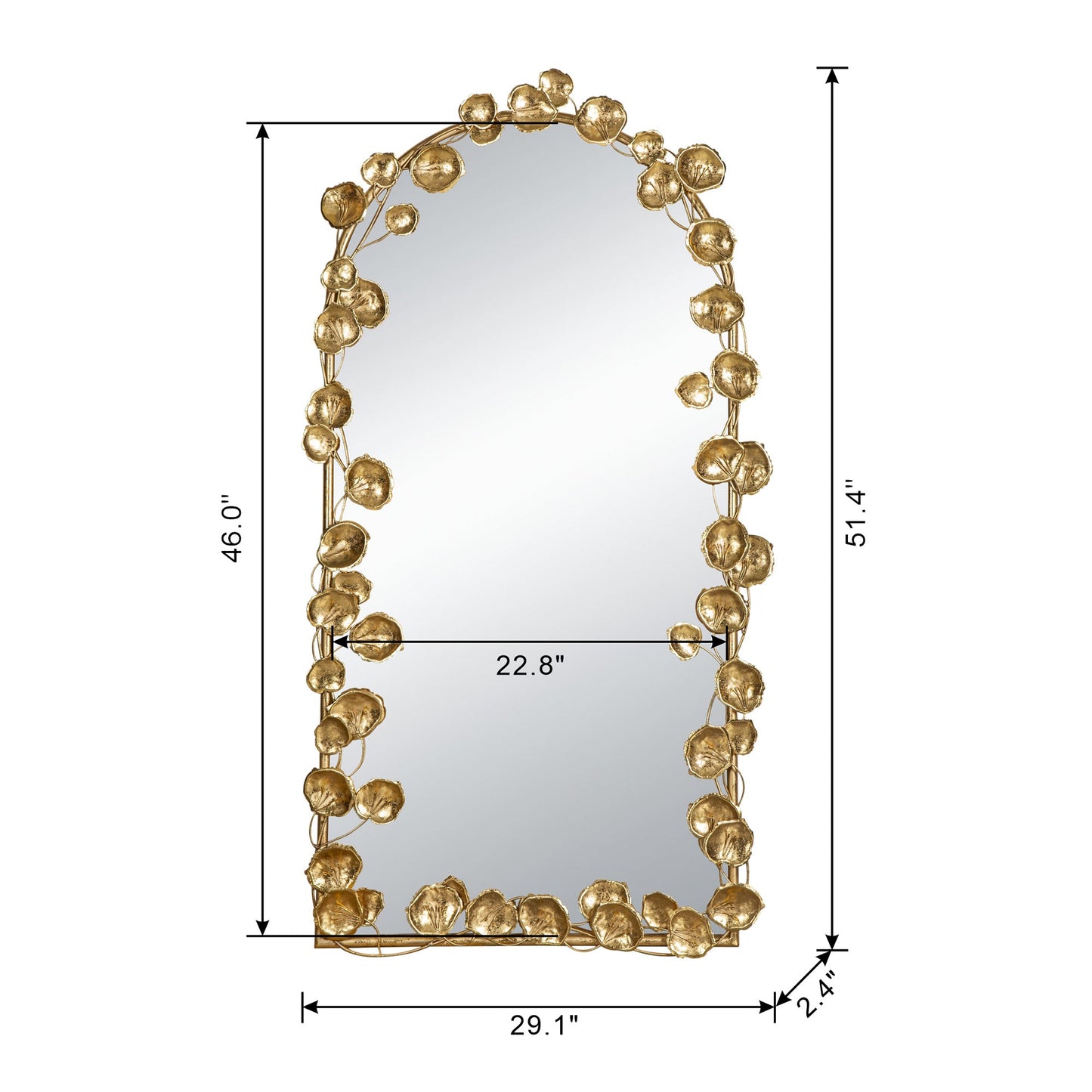 51.5" x 29" Full Length Arched Wall Mirror with Golden Leaf Accents, Decorative Mirror for Living Room Bedroom - Groovy Boardz