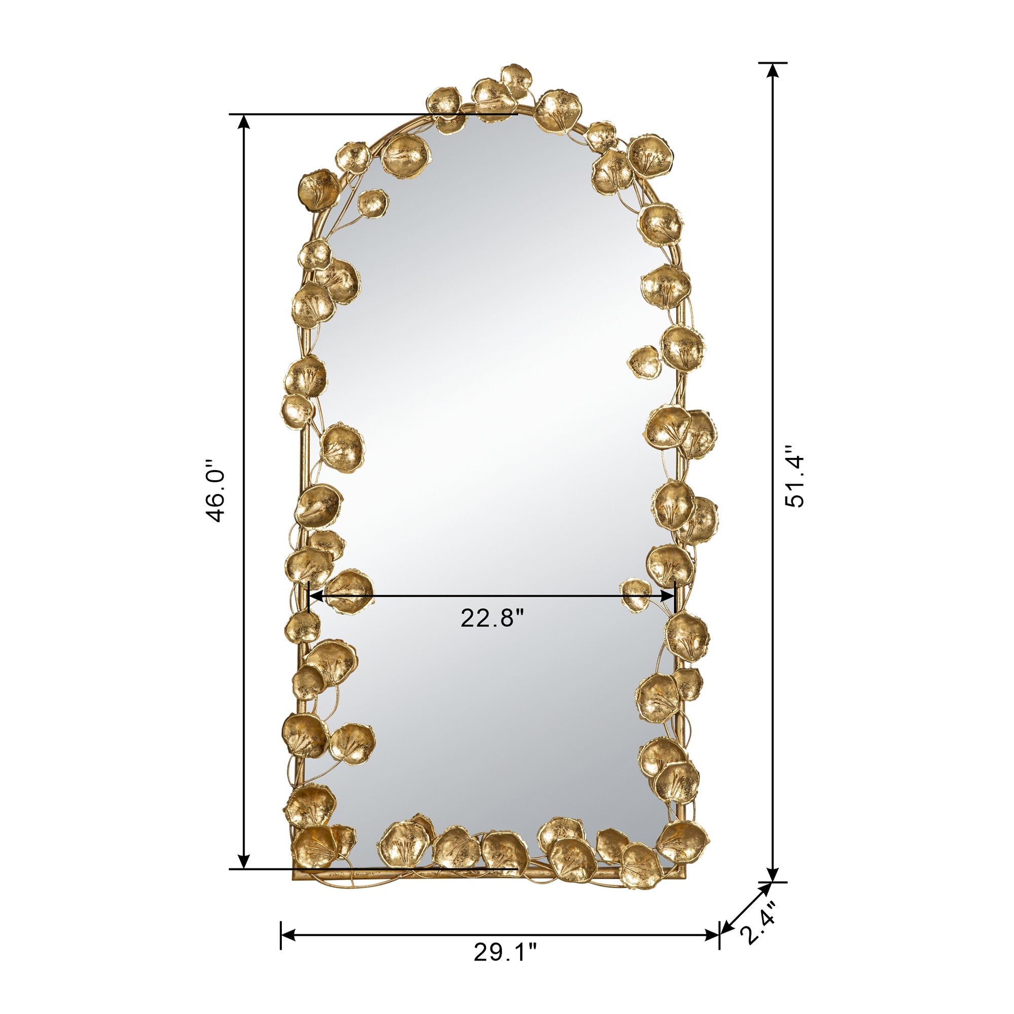 51.5" x 29" Full Length Arched Wall Mirror with Golden Leaf Accents, Decorative Mirror for Living Room Bedroom - Groovy Boardz
