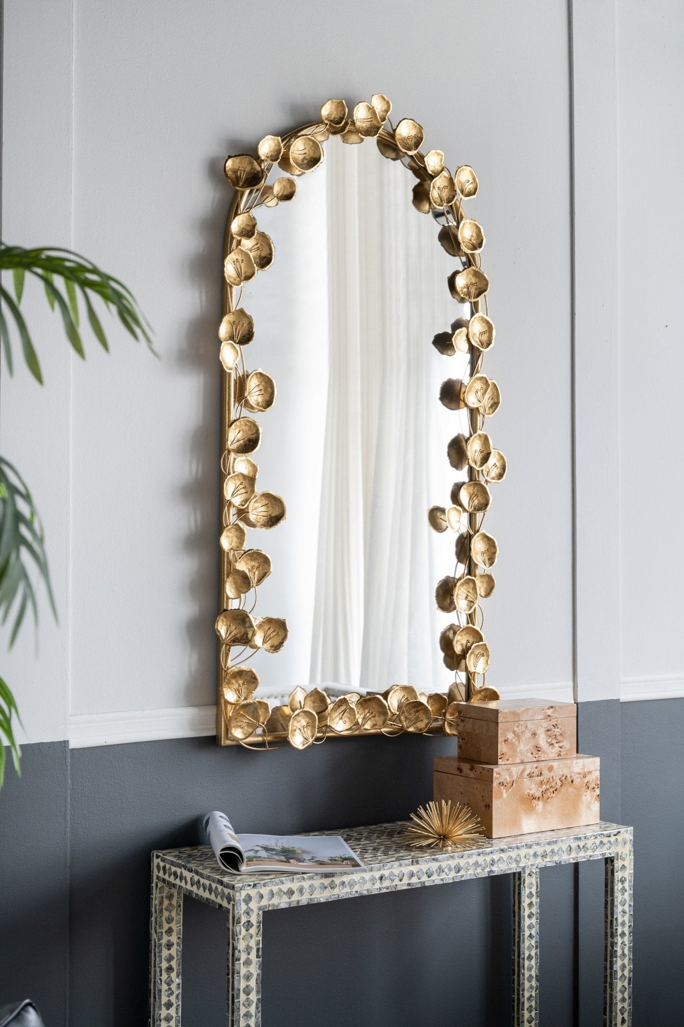 51.5" x 29" Full Length Arched Wall Mirror with Golden Leaf Accents, Decorative Mirror for Living Room Bedroom - Groovy Boardz