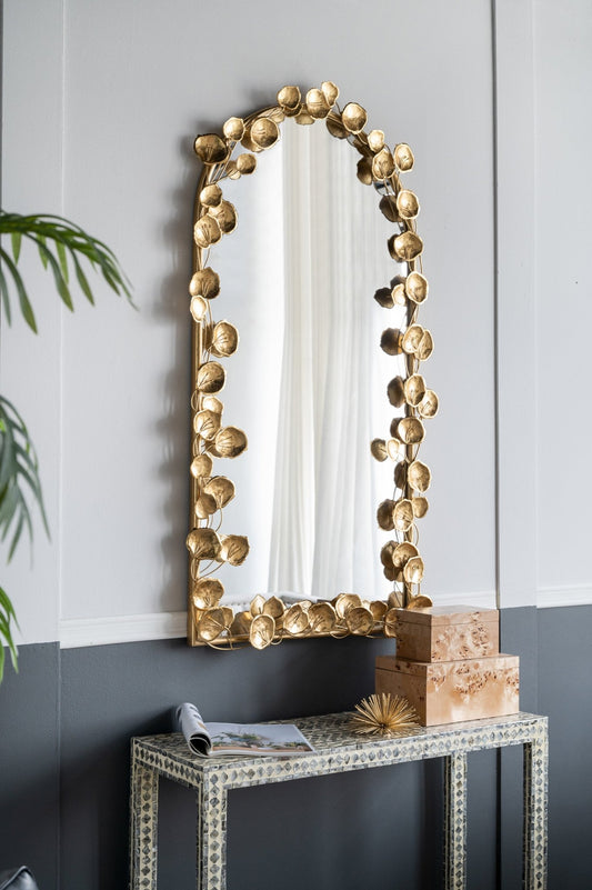 51.5" x 29" Full Length Arched Wall Mirror with Golden Leaf Accents, Decorative Mirror for Living Room Bedroom - Groovy Boardz