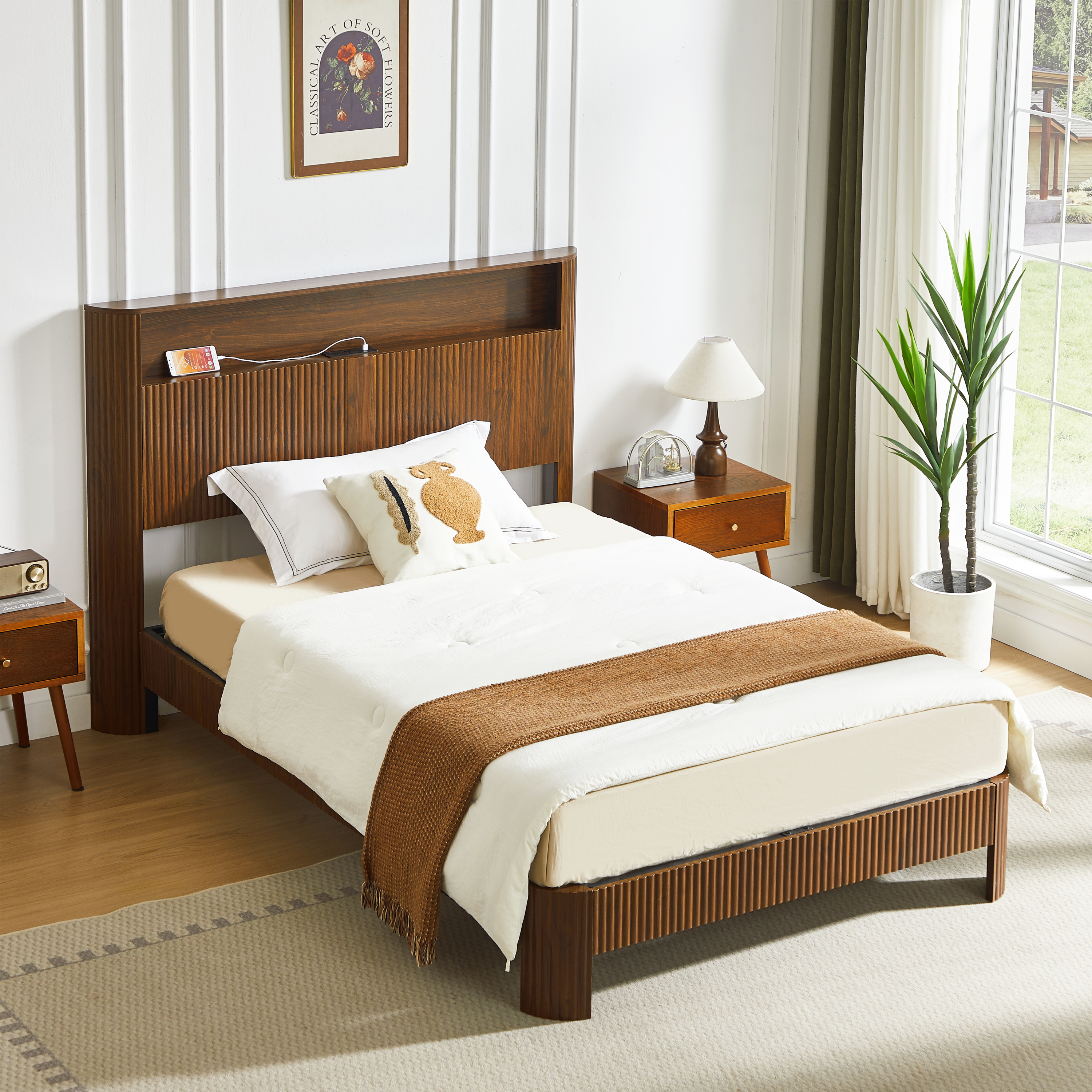 Full Extra Long(Full XL) Size bed frame with storage headboard, built-in charging station, wavy curved lines design, silent operation, metal support, Walnut