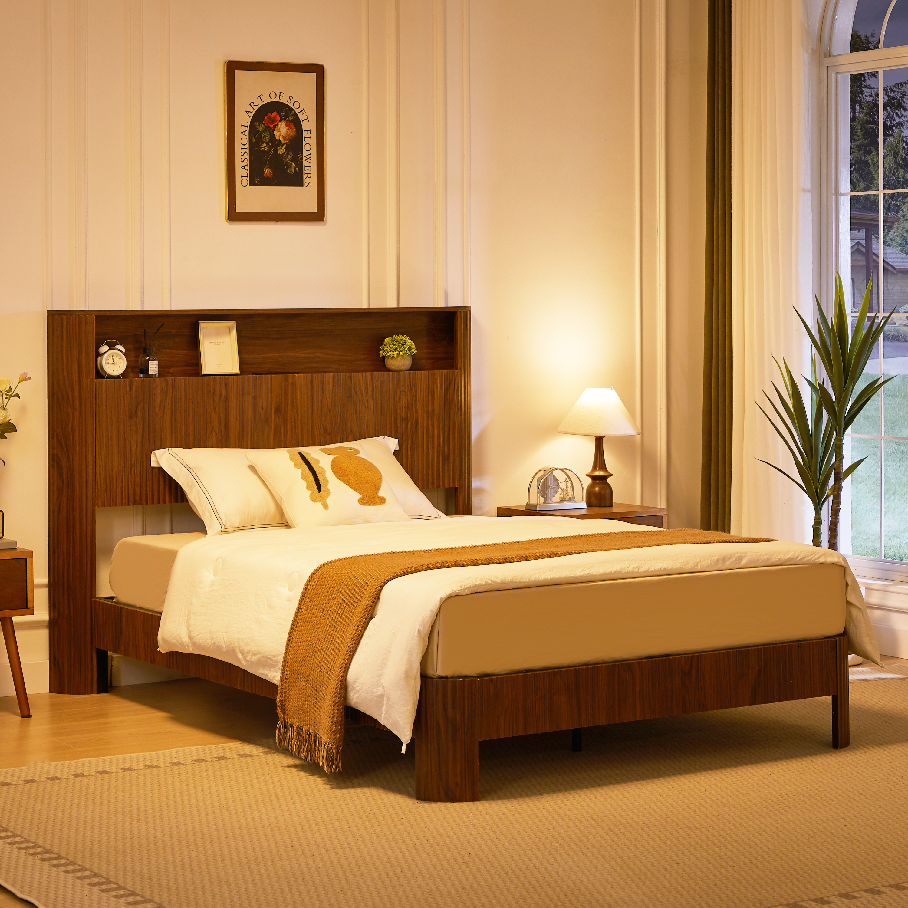 Full Extra Long(Full XL) Size bed frame with storage headboard, built-in charging station, wavy curved lines design, silent operation, metal support, Walnut