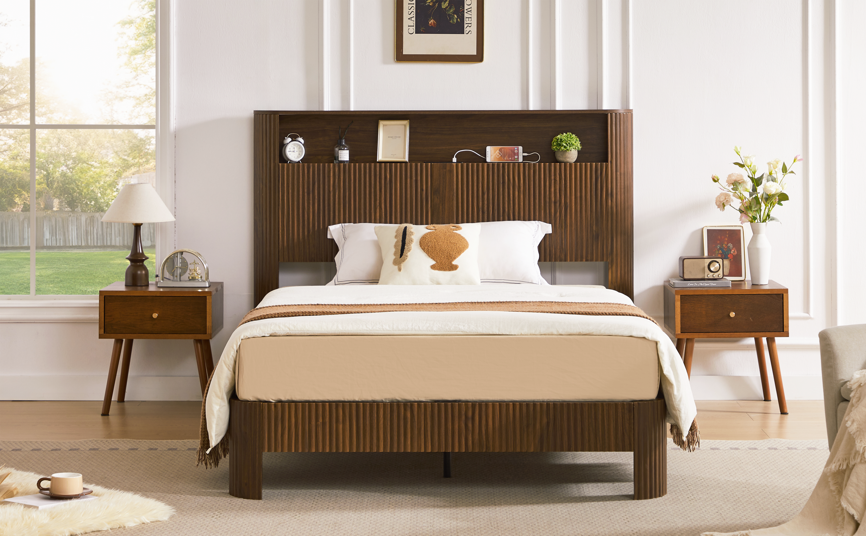 Full Extra Long(Full XL) Size bed frame with storage headboard, built-in charging station, wavy curved lines design, silent operation, metal support, Walnut