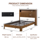 Full Extra Long(Full XL) Size bed frame with storage headboard, built-in charging station, wavy curved lines design, silent operation, metal support, Walnut