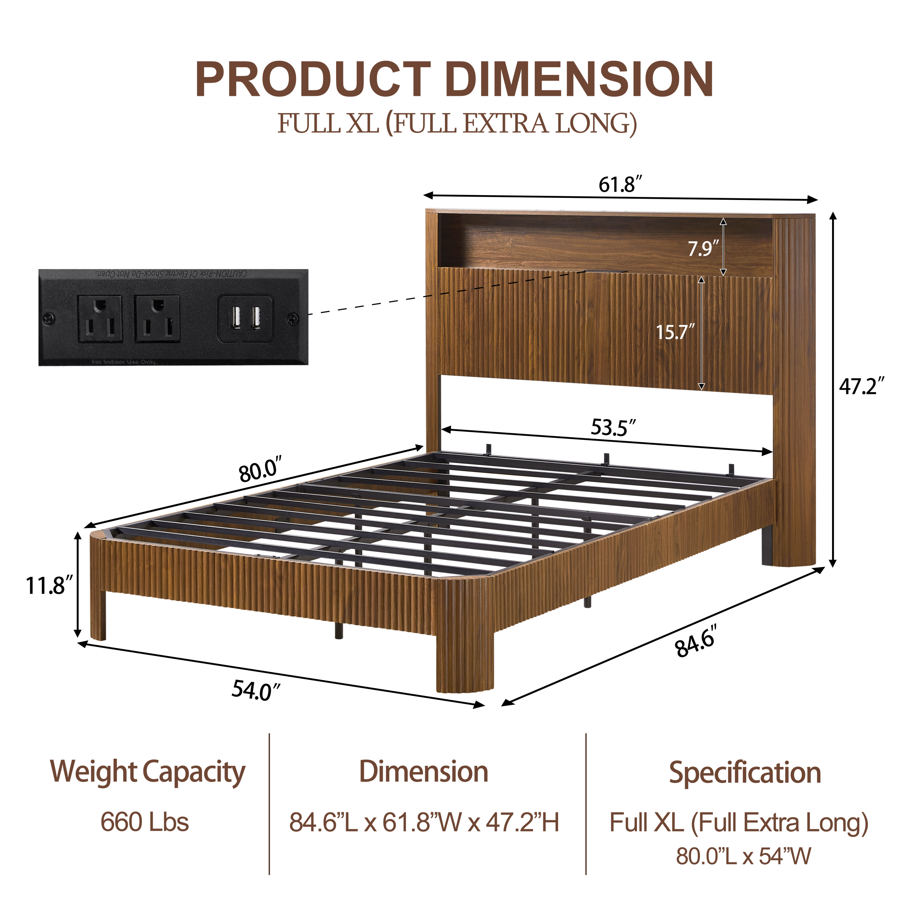 Full Extra Long(Full XL) Size bed frame with storage headboard, built-in charging station, wavy curved lines design, silent operation, metal support, Walnut