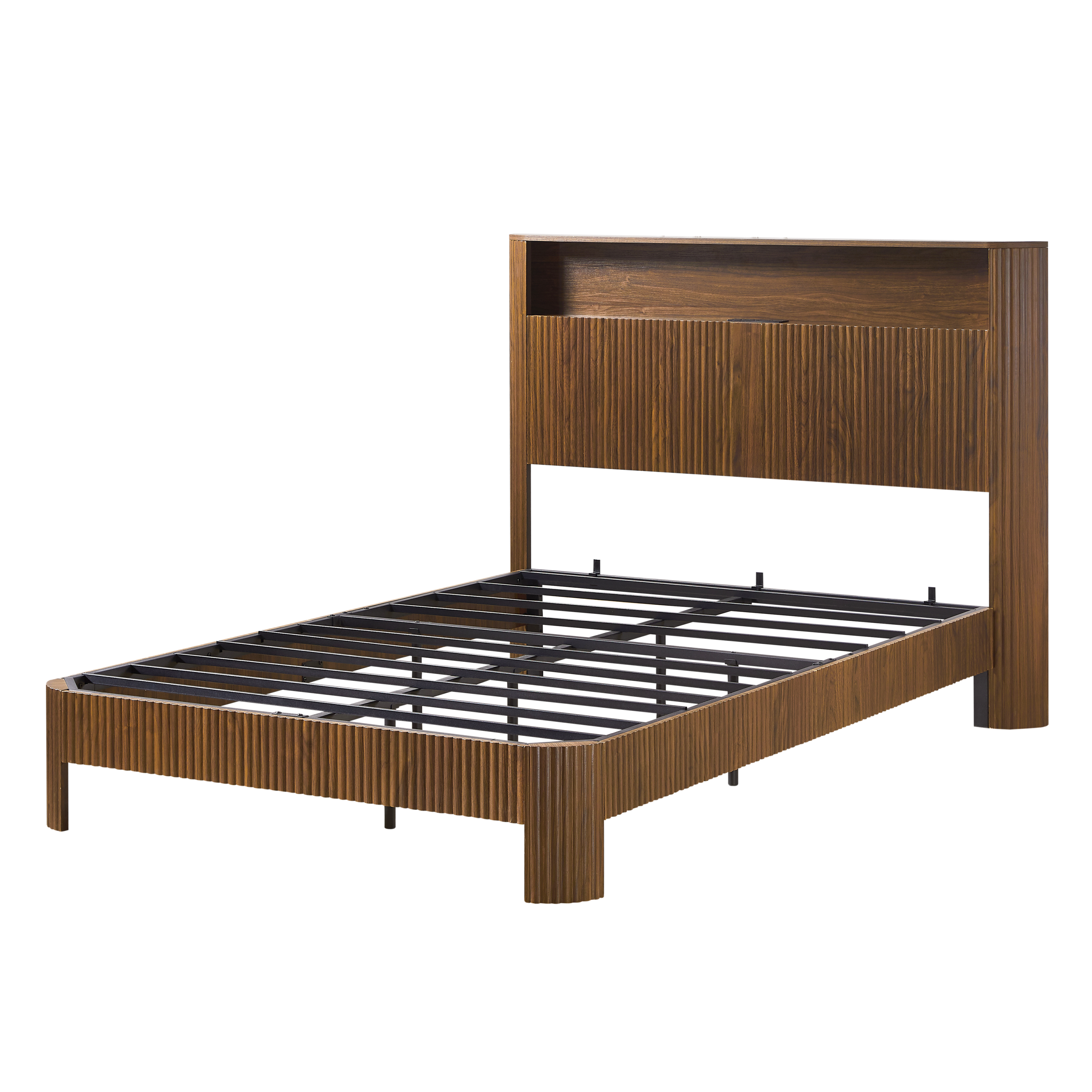 Full Extra Long(Full XL) Size bed frame with storage headboard, built-in charging station, wavy curved lines design, silent operation, metal support, Walnut