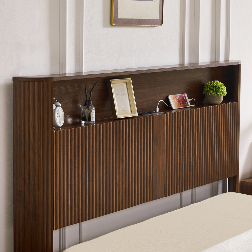Full Extra Long(Full XL) Size bed frame with storage headboard, built-in charging station, wavy curved lines design, silent operation, metal support, Walnut