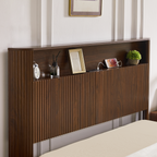 Full Extra Long(Full XL) Size bed frame with storage headboard, built-in charging station, wavy curved lines design, silent operation, metal support, Walnut