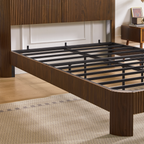 Full Extra Long(Full XL) Size bed frame with storage headboard, built-in charging station, wavy curved lines design, silent operation, metal support, Walnut