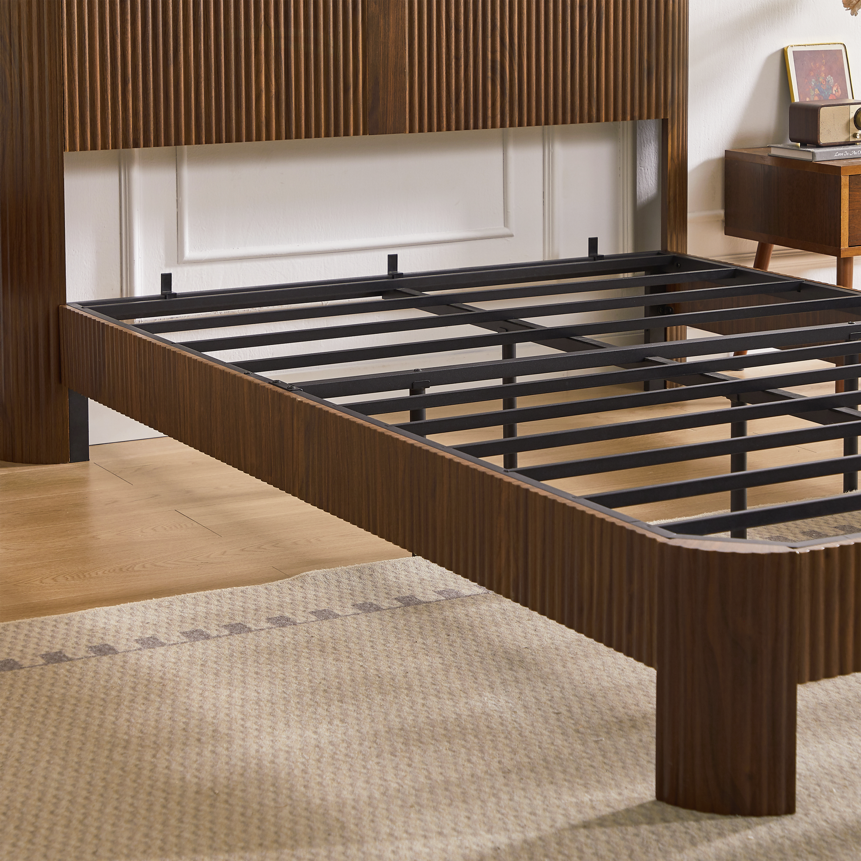 Full Extra Long(Full XL) Size bed frame with storage headboard, built-in charging station, wavy curved lines design, silent operation, metal support, Walnut