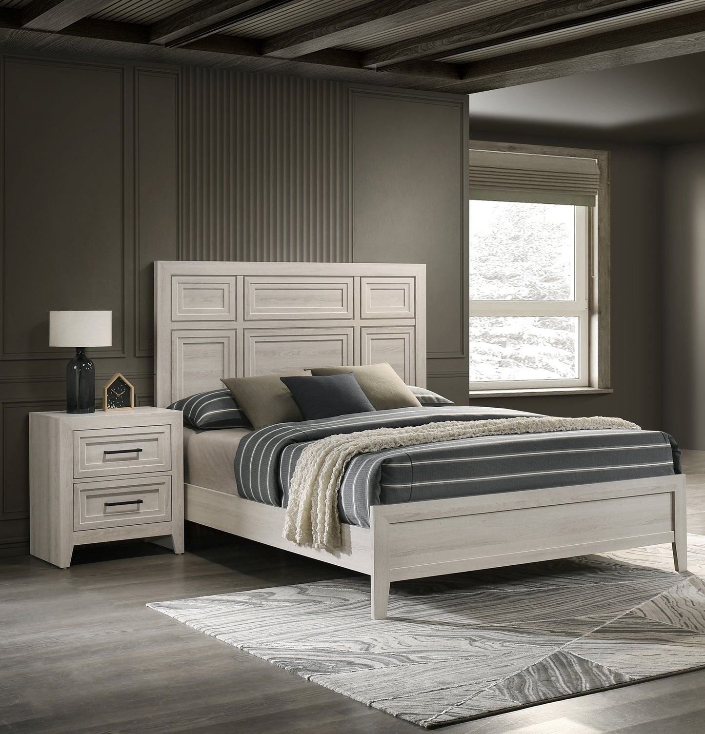 1pc Contemporary Two Drawer Nightstand Geometric Design Off-White Finish Wooden Furniture