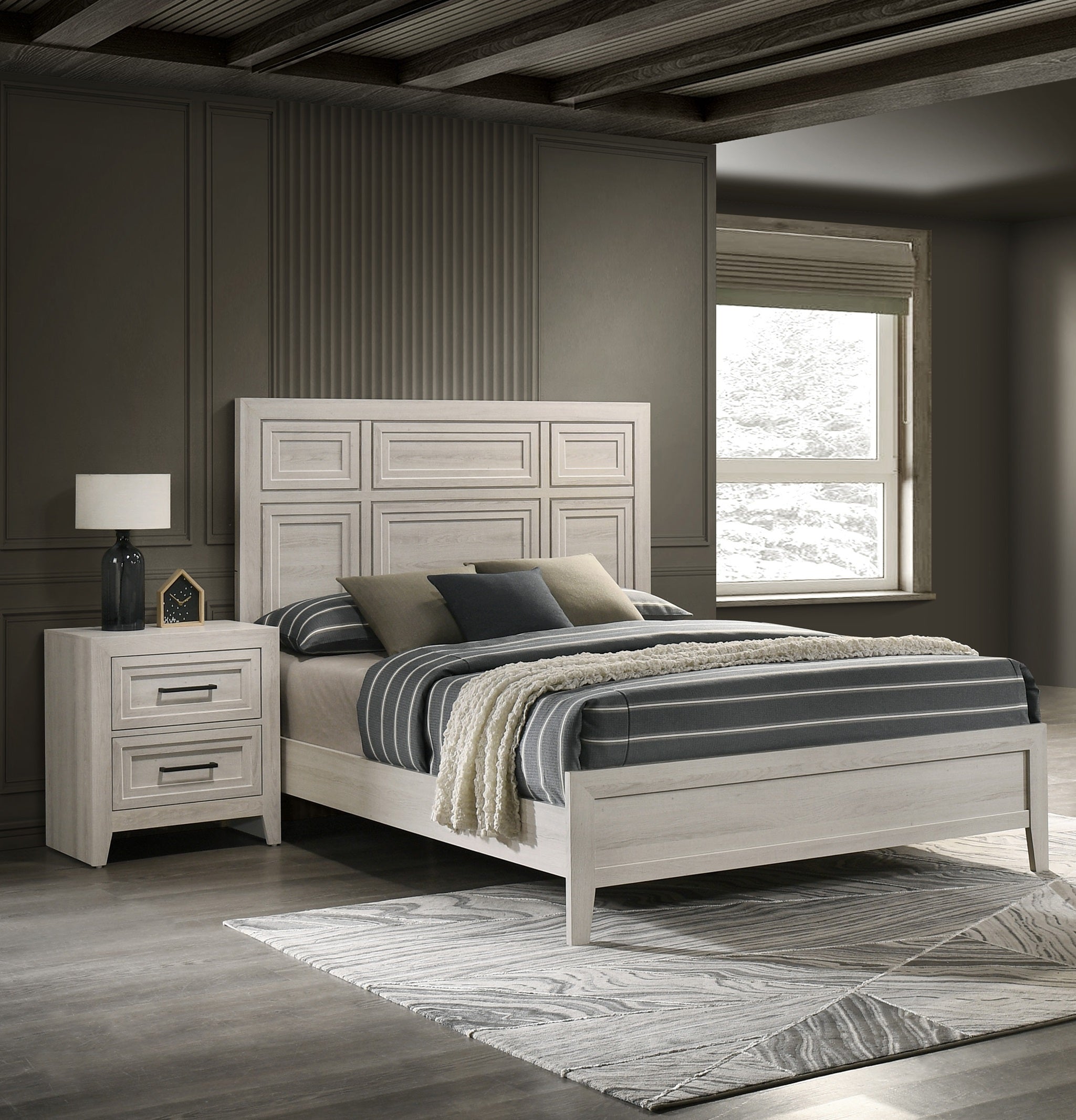 1pc Contemporary Two Drawer Nightstand Geometric Design Off-White Finish Wooden Furniture