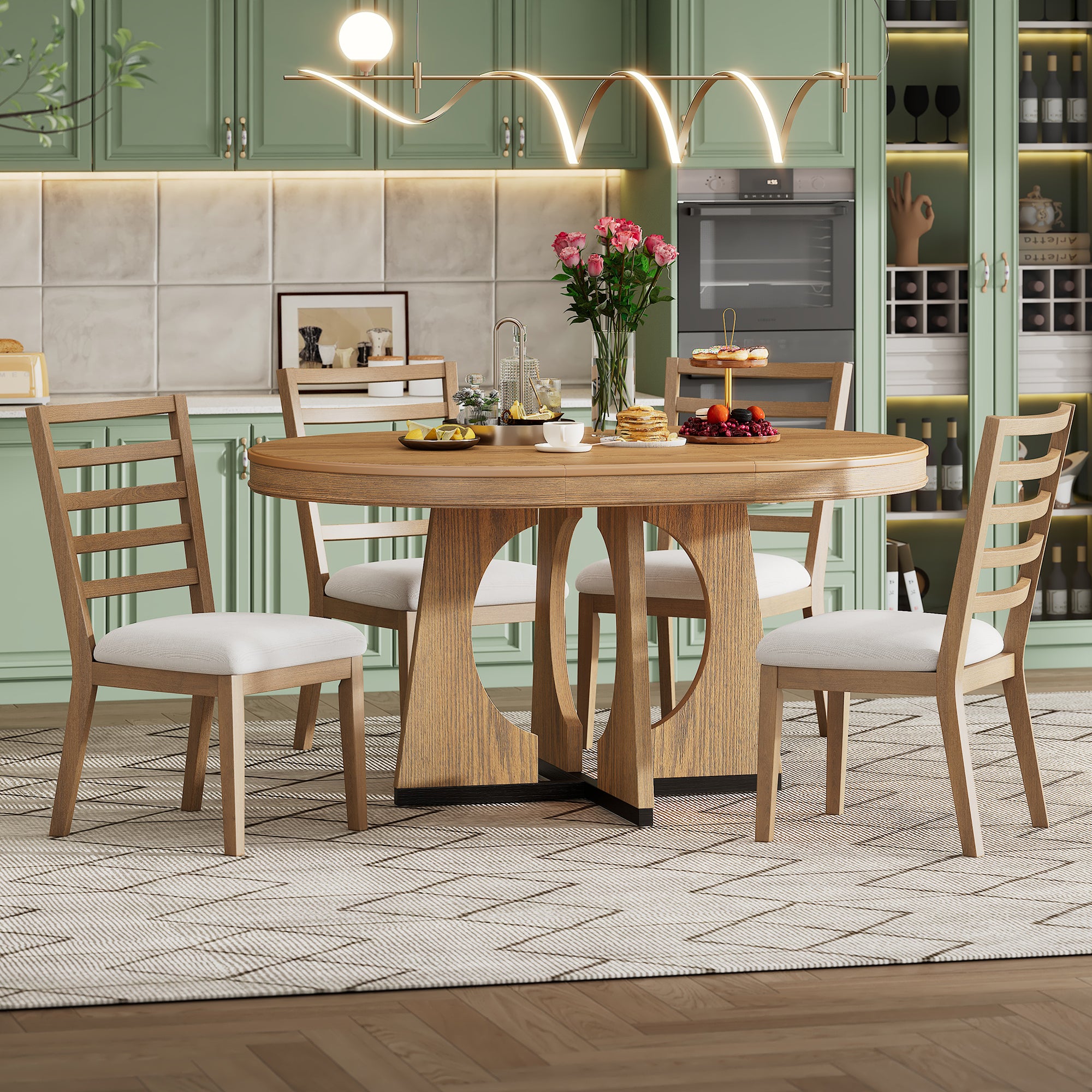 TREXM Round Dining Table for 4 with Chairs Set, Extendable Dining Table Set with 16' Removable Middle Leaf, 5 Piece Retro Dining Table Set Unique Geometric Design for Kitchen, Dining Room (Natural)